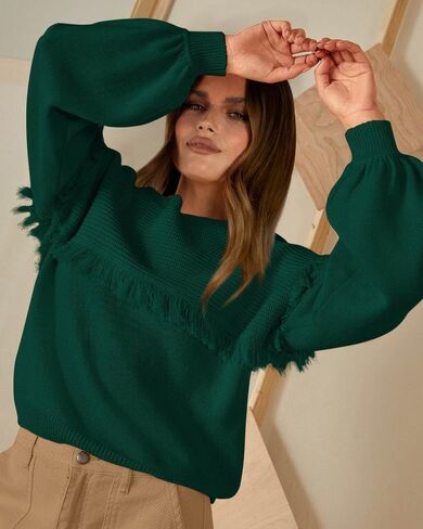 سترات خريف نسائية من Dowerme موضة 2023 بأكمام واسعة وفتحة رقبة دائرية بلوفر مكتنز فضفاض ومضلع ومتماسك بشرابة علوية in Kuwait