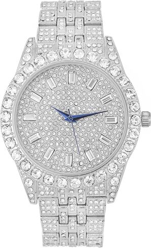 Iced Mens Single Watch or Watch w/Matching Rolly or Cuban Hip Hop Bracelet - Your Choice! - Big Rhinestones on Trim and Elegant Baguette Time Indicators on Dial - Master Bling Designer - ST10226B in Kuwait