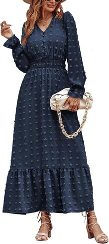 MASCOMODA Women Boho Maxi Dress 2023 Long Sleeve V Neck Swiss Dot Smocked High Waisted A-Line Ruffle Tiered Fall Long Dress in Kuwait