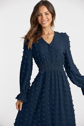 MASCOMODA Women Boho Maxi Dress 2023 Long Sleeve V Neck Swiss Dot Smocked High Waisted A-Line Ruffle Tiered Fall Long Dress in Kuwait