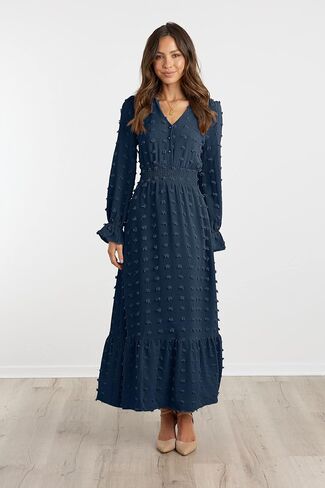 MASCOMODA Women Boho Maxi Dress 2023 Long Sleeve V Neck Swiss Dot Smocked High Waisted A-Line Ruffle Tiered Fall Long Dress in Kuwait