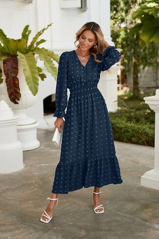 MASCOMODA Women Boho Maxi Dress 2023 Long Sleeve V Neck Swiss Dot Smocked High Waisted A-Line Ruffle Tiered Fall Long Dress in Kuwait