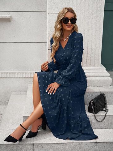 MASCOMODA Women Boho Maxi Dress 2023 Long Sleeve V Neck Swiss Dot Smocked High Waisted A-Line Ruffle Tiered Fall Long Dress in Kuwait