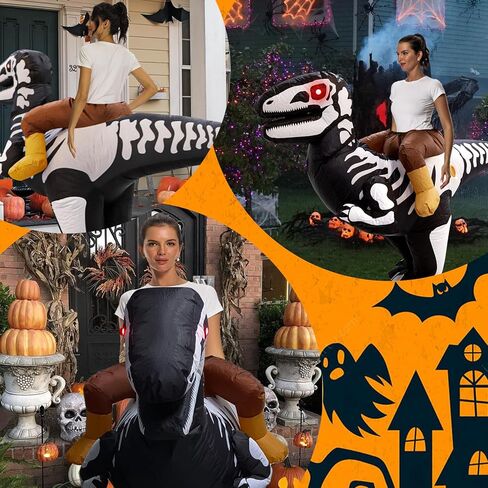 Halloween Inflatable Dinosaur Costume Skeleton Outfit Cosplay Ride On T Rex Air Blow Up Costume for Scary Indoor Outdoor Party Parks Zoo Club Festivals Funny Halloween Gifts for Men/Women/Adults in Kuwait