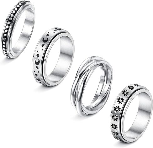 SAILIMUE 4/6/8/9 Pcs Fidget Anxiety Ring for Women Men Stainless Steel Spinner Ring for Anxiety Bead Flower Sun Moon Star Stress Relieving 6mm Band Rings Set in Saudi Arabia