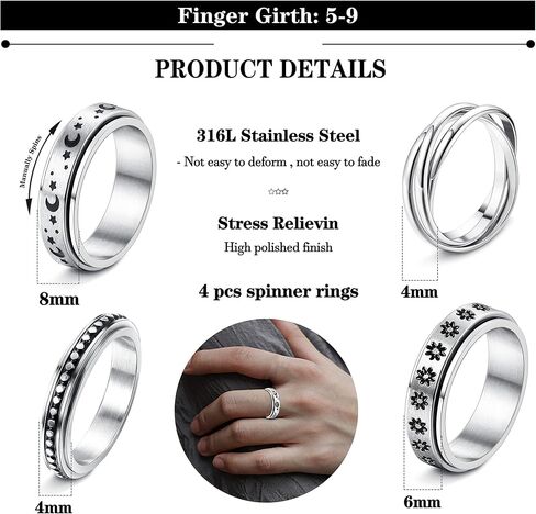 SAILIMUE 4/6/8/9 Pcs Fidget Anxiety Ring for Women Men Stainless Steel Spinner Ring for Anxiety Bead Flower Sun Moon Star Stress Relieving 6mm Band Rings Set in Saudi Arabia