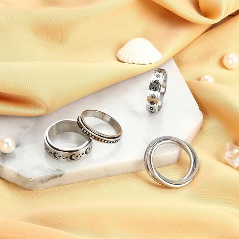 SAILIMUE 4/6/8/9 Pcs Fidget Anxiety Ring for Women Men Stainless Steel Spinner Ring for Anxiety Bead Flower Sun Moon Star Stress Relieving 6mm Band Rings Set in Saudi Arabia