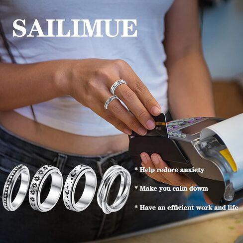 SAILIMUE 4/6/8/9 Pcs Fidget Anxiety Ring for Women Men Stainless Steel Spinner Ring for Anxiety Bead Flower Sun Moon Star Stress Relieving 6mm Band Rings Set in Saudi Arabia