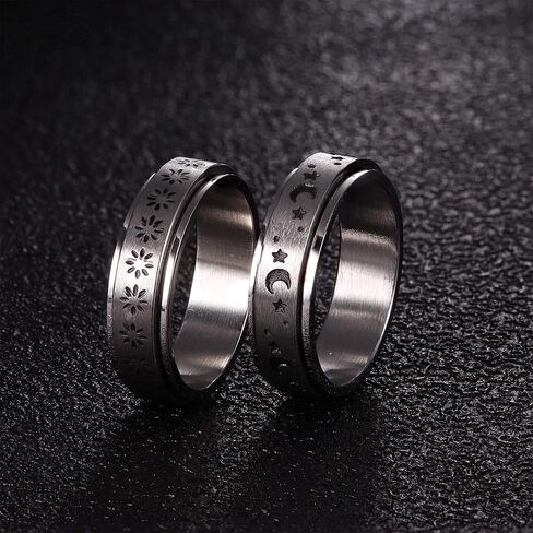 SAILIMUE 4/6/8/9 Pcs Fidget Anxiety Ring for Women Men Stainless Steel Spinner Ring for Anxiety Bead Flower Sun Moon Star Stress Relieving 6mm Band Rings Set in Saudi Arabia