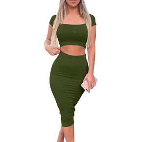 Kaximil Women's Sexy Bodycon Midi Club Dresses Basic Casual 2 Piece Outfits Crop Top Skirt Set