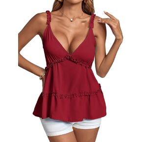 LYANER Women's Deep V Neck Flared Ruffle Hem Sleeveless Babydoll Cami Top in Saudi Arabia
