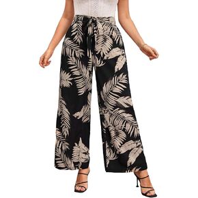 WDIRARA Women's Plus Size Tropical Print Pants Boho Belted Tie Front High Waist Wide Leg Trousers in Saudi Arabia