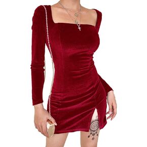 Women’s Sexy Velvet Bodycon Dress Gothic Square Neck Long Sleeve Mini Party Dress Rave Festival Clubwear