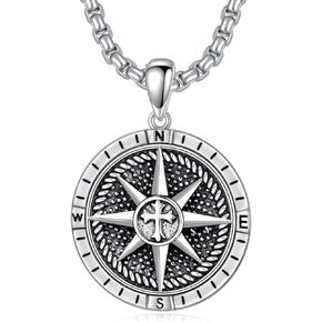 PDTJMTG Compass Necklace for Men Sterling Silver Men's Compass Necklace