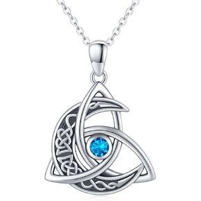 Celtic Moon Necklace 925 Sterling Silver Celtic Knot Trinity Pendant Necklace Birthstone Necklace Irish Jewelry Gifts for Women Girls Daughter Mother Birthday Christmas