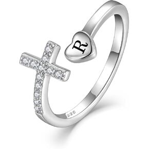 STARCHENIE Cross Initial Ring for Women 925 Sterling Silver Letters A-Z 26 Alphabet Adjustable Ring Size 7 in Kuwait