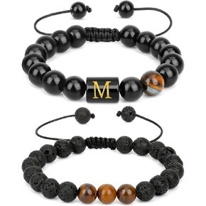 Aospkle 2PCS Initial Charms Bracelet for Men, Natural Black Onyx Tiger Eye Stone Lava Rock Alphabet Letter Bead Bracelet Jewelry Set with Gift Message Card 8mm