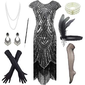 FUNDAISY 1920s Flapper Dress Roaring 20s Great Gatsby Fringed Sequin Dress Accessories Set in Kuwait