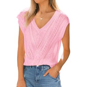 Langwyqu Womens V Neck Summer Sweaters Crochet Casual Lightweight Knit Tops