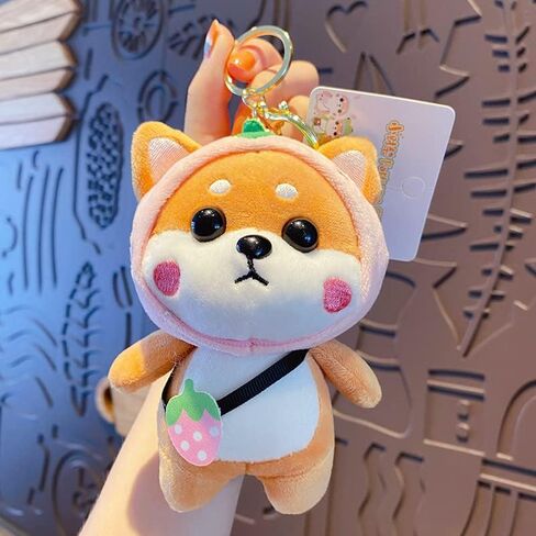 HSYHERE Men Women Original Design Super Cute Costume Play Shiba Inu Dog Puppy Keychain Keyrings, Soft Kawai Dog Key Chain Key Ring Bag Pendant Decoration Christmas Valentine Gift -Pink Strawberry in Kuwait