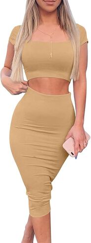 Kaximil Women's Sexy Bodycon Midi Club Dresses Basic Casual 2 Piece Outfits Crop Top Skirt Set in Saudi Arabia