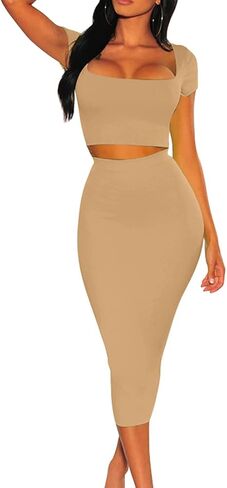 Kaximil Women's Sexy Bodycon Midi Club Dresses Basic Casual 2 Piece Outfits Crop Top Skirt Set in Saudi Arabia