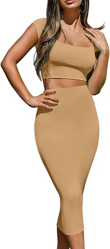 Kaximil Women's Sexy Bodycon Midi Club Dresses Basic Casual 2 Piece Outfits Crop Top Skirt Set in Saudi Arabia
