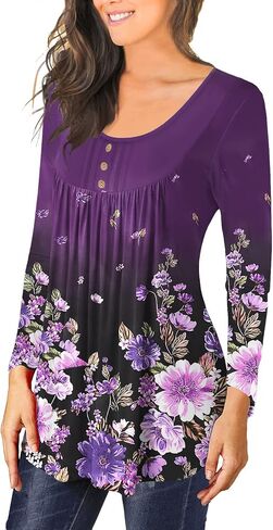 HAHIYOR Womens Tops Casual Long Sleeve Tunic Loose Fit Pleated Fall Floral Print T-Shirt in Saudi Arabia