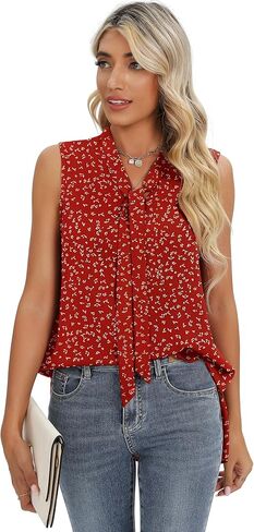 CZYINXIAN المرأة الصيف بلا أكمام التعادل الرقبة الشيفون البلوزات عارضة الشيفون تانك القمم القمصان in Kuwait