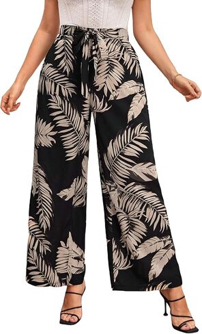 WDIRARA Women's Plus Size Tropical Print Pants Boho Belted Tie Front High Waist Wide Leg Trousers in Saudi Arabia