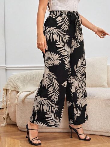 WDIRARA Women's Plus Size Tropical Print Pants Boho Belted Tie Front High Waist Wide Leg Trousers in Saudi Arabia