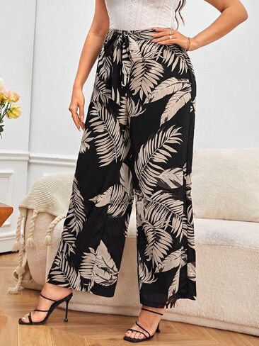WDIRARA Women's Plus Size Tropical Print Pants Boho Belted Tie Front High Waist Wide Leg Trousers in Saudi Arabia
