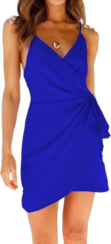 فستان نسائي قصير من LYANER برقبة على شكل حرف V وربطة عنق ذاتية مكشكشة بدون أكمام وحزام سباغيتي in Kuwait