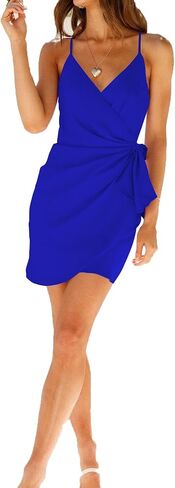 فستان نسائي قصير من LYANER برقبة على شكل حرف V وربطة عنق ذاتية مكشكشة بدون أكمام وحزام سباغيتي in Kuwait