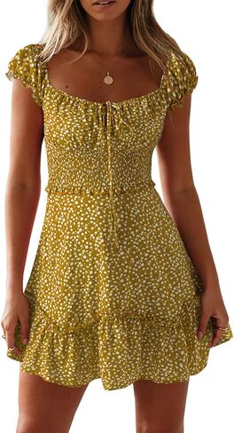 Valphsio Womens Smocked Dress Ruffle Floral Tie Front Boho Short Dresses in Kuwait