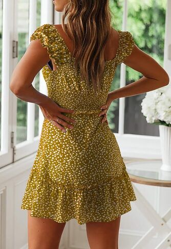 Valphsio Womens Smocked Dress Ruffle Floral Tie Front Boho Short Dresses in Kuwait