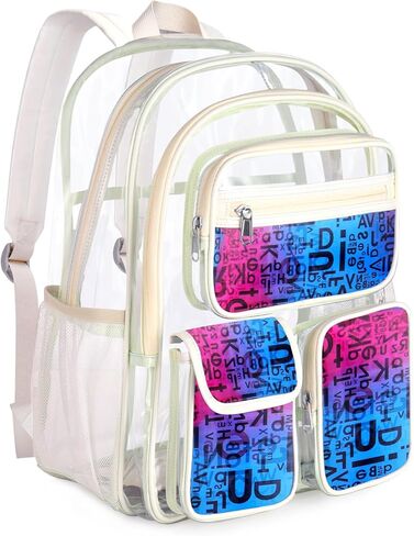 حقيبة ظهر شفافة مقاس 17 بوصة من Hafmall للأولاد والبنات، حقيبة ظهر شفافة شديدة التحمل للنساء، حقيبة ظهر عصرية شفافة، حقيبة كتب شفافة للمدرسة، باللون الأبيض الفاتح in Kuwait
