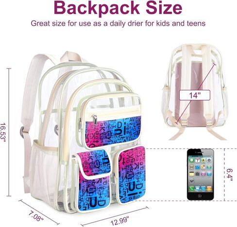 حقيبة ظهر شفافة مقاس 17 بوصة من Hafmall للأولاد والبنات، حقيبة ظهر شفافة شديدة التحمل للنساء، حقيبة ظهر عصرية شفافة، حقيبة كتب شفافة للمدرسة، باللون الأبيض الفاتح in Kuwait