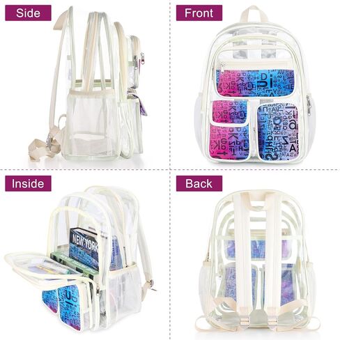 حقيبة ظهر شفافة مقاس 17 بوصة من Hafmall للأولاد والبنات، حقيبة ظهر شفافة شديدة التحمل للنساء، حقيبة ظهر عصرية شفافة، حقيبة كتب شفافة للمدرسة، باللون الأبيض الفاتح in Kuwait
