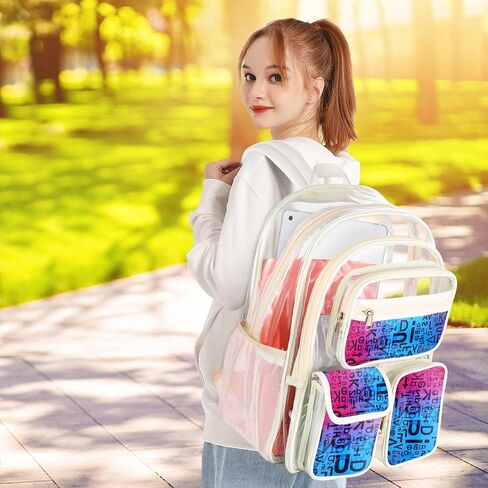 حقيبة ظهر شفافة مقاس 17 بوصة من Hafmall للأولاد والبنات، حقيبة ظهر شفافة شديدة التحمل للنساء، حقيبة ظهر عصرية شفافة، حقيبة كتب شفافة للمدرسة، باللون الأبيض الفاتح in Kuwait