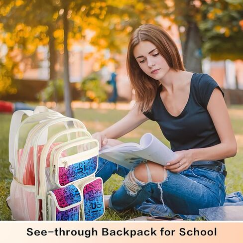 حقيبة ظهر شفافة مقاس 17 بوصة من Hafmall للأولاد والبنات، حقيبة ظهر شفافة شديدة التحمل للنساء، حقيبة ظهر عصرية شفافة، حقيبة كتب شفافة للمدرسة، باللون الأبيض الفاتح in Kuwait