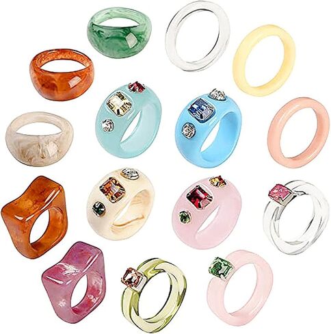 SEVENSTONE 9Pcs Resin Retro Acrylic Colorful Chunky Ring Cute Trendy Colorful Rhinestone Y2k Jewelry Plastic Resin Square Gem Stackable Chunky Rings for Women Set in Kuwait