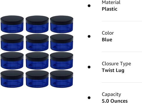 5 Ounce Blue Plastic Cosmetic Jars, Wide Mouth Refillable Containers with Lids for Creams, Lotion, Ointments, Make Up, Bath Salt and Body Butter, 12 Pcs in Kuwait
