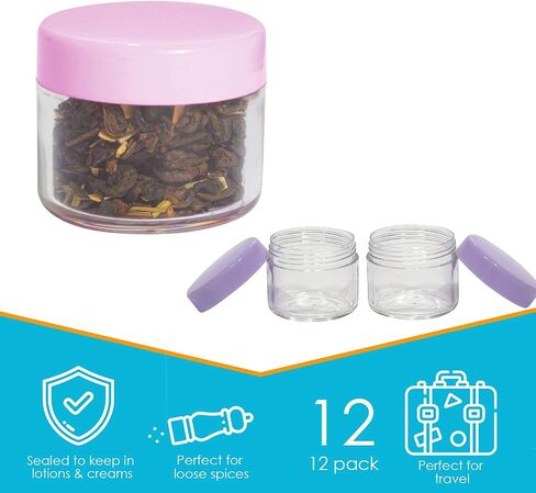 Houseables 20 Gram Jar, 20 ML Jar, 12 pcs, Multicolor, BPA Free, Cosmetic Sample Empty Container, Plastic, Round Pot Screw Cap Lid, Small Tiny 20g Bottle, for Make Up, Eye Shadow, Nails, Powder, Gems in Saudi Arabia