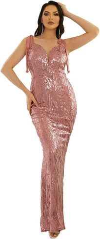 فستان Miss ord نسائي رسمي طويل مزين بالترتر وبأحزمة عميقة على شكل حرف V، فستان حورية البحر بدون ظهر ورباط in Kuwait