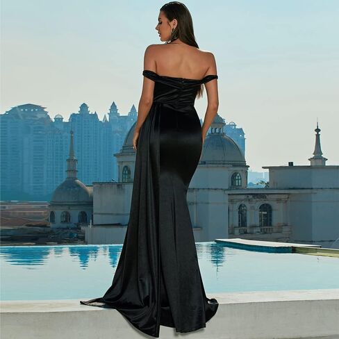 فستان Miss ord نسائي رسمي من الساتان بدون أكتاف للحفلات الراقصة ماكسي حورية البحر، فستان سهرة Bodycon ثنيات بدون ظهر in Kuwait
