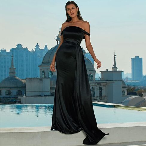 فستان Miss ord نسائي رسمي من الساتان بدون أكتاف للحفلات الراقصة ماكسي حورية البحر، فستان سهرة Bodycon ثنيات بدون ظهر in Kuwait