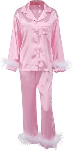 NUFIWI Stain Long Sleeve Button Down Pajamas Suit with Feather Trim Solid Color Sleepwear Set 2022 Summer Fashion Nightwear in Kuwait