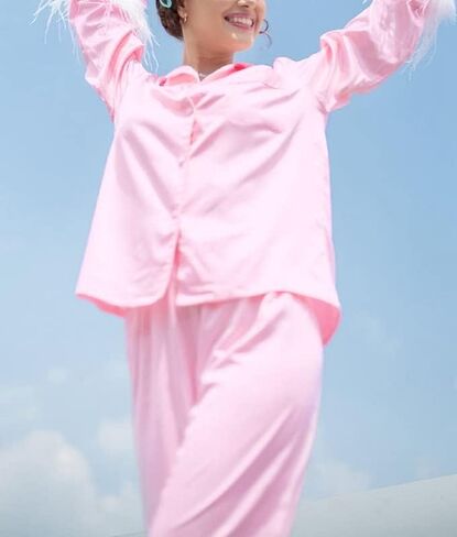 NUFIWI Stain Long Sleeve Button Down Pajamas Suit with Feather Trim Solid Color Sleepwear Set 2022 Summer Fashion Nightwear in Kuwait