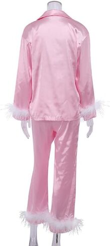 NUFIWI Stain Long Sleeve Button Down Pajamas Suit with Feather Trim Solid Color Sleepwear Set 2022 Summer Fashion Nightwear in Kuwait